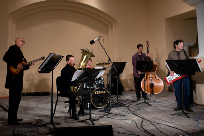 Stephen Miles, Jay Hunsberger, Jeremy Spangler, John Miller, and R. L. Silver performing Crosstalk