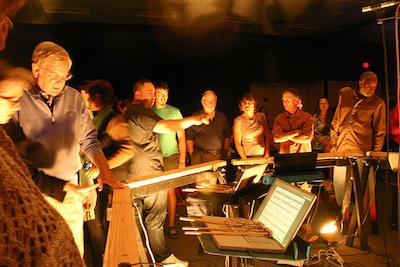 Audience members and Mantra Percussion