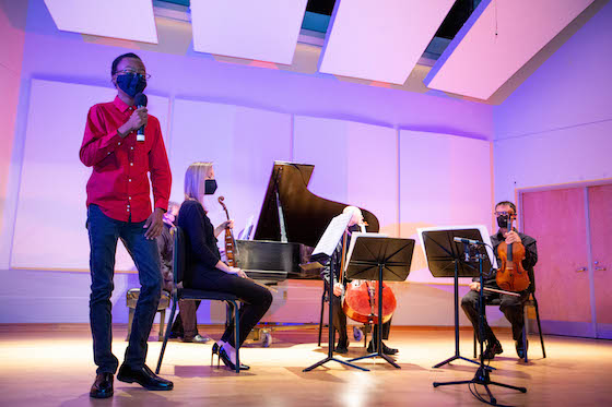 Student composer Nissi Luvavali with the Sarasota Piano Quartet